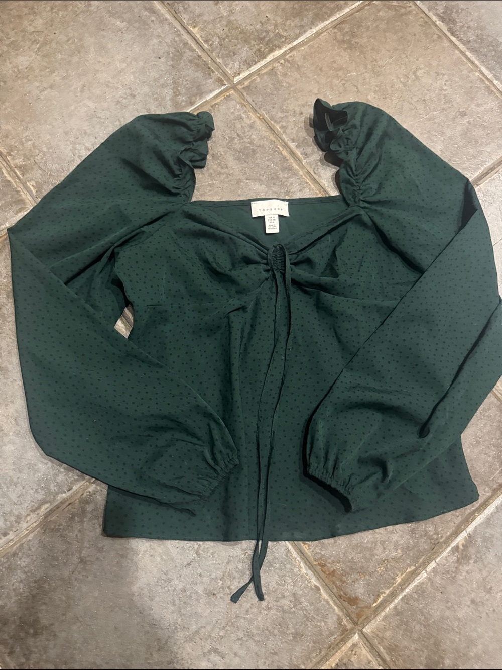 Topshop Dark Green Puff Sleeve Tie-Front Blouse